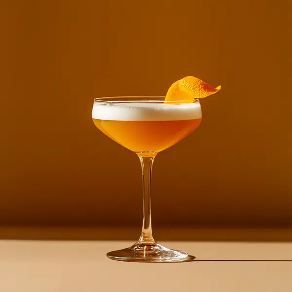 A photo of the Cognac Sunset Sour cocktail containing Hennessy V.S. Cognac, Grand Marnier, Giffard Abricot Du Roussillon, Freshly squeezed orange juice, Fee Brothers Fee Foam Egg White Alternative, Angostura Aromatic Bitters in a Martini.