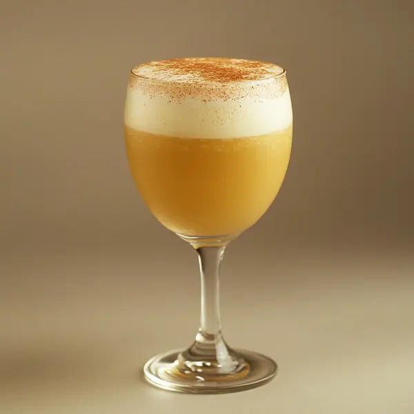 A photo of the Golden Algarrobo Delight cocktail containing 1615 Pisco Puro Quebranta, Egg yolk, Condensed milk, Algarrobo extract (or malt extract from health food shops) in a Goblet.