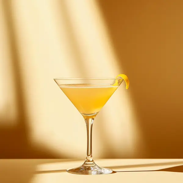 A photo of the Sunny Meadow Martini cocktail containing Runny honey, Zubrowka Bison Grass Vodka, Cold camomile tea, Roots Rakomelo Sweet Liqueur in a Martini.