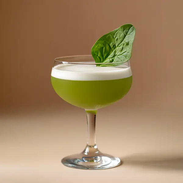 A photo of the Green Fiesta Sour cocktail containing Spinach leaves, Novo Fogo Chameleon Cachaça, Del Maguey Vida Mezcal, Barrow's Intense Ginger Liqueur, Freshly squeezed lime juice, Giffard Orgeat Syrup, Fee Brothers Fee Foam Egg White Alternative in a Coupe.
