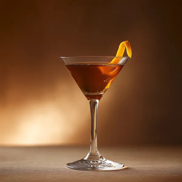 A photo of the Port of Call Martini cocktail containing Graham's 10 Year Old Aged Tawny Port, Pierre Ferrand Dry Curaçao, Angostura Orange Bitters, Angostura Aromatic Bitters in a Martini.