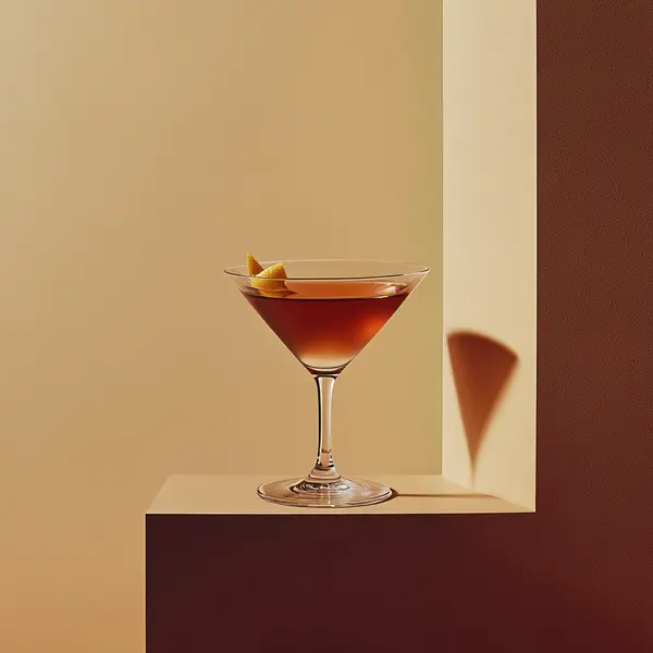 A photo of the Port Royal Twirl cocktail containing Hennessy V.S. Cognac, Graham's 10 Year Old Aged Tawny Port in a Martini.