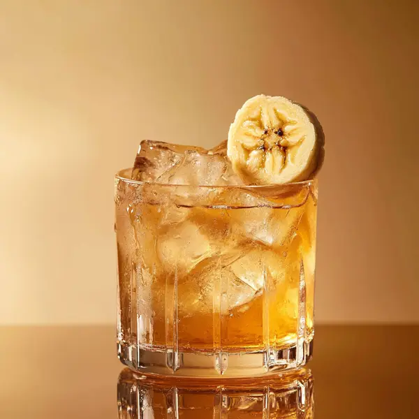 A photo of the Bananawalker cocktail containing Compass Box Great King Street Artist's Blend Scotch, Giffard Banane du Brésil Liqueur, Campari Aperitivo, Saline solution 10:1 (5g sea salt to 50ml water) in a Old-Fashioned.