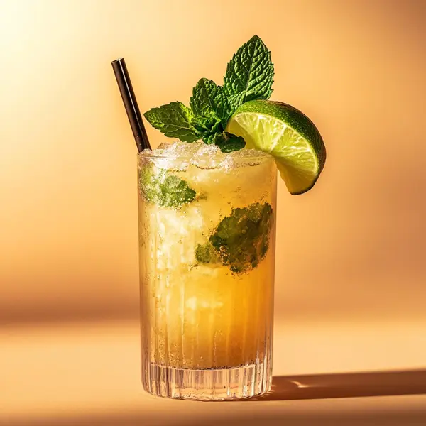 A photo of the Minted Gold Swizzle cocktail containing Mint leaves, Flor de Caña 4 Year Old Añejo Oro Rum, Freshly squeezed lime juice, Liber & Co. Demerara Gum Syrup, Angostura Aromatic Bitters in a Collins.