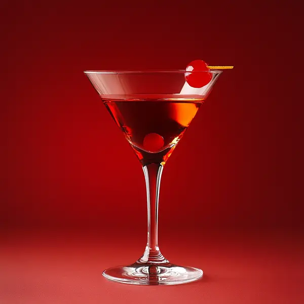 A photo of the Cherry Gin Glow cocktail containing Beefeater London Dry Gin, Noilly Prat Dry Vermouth, Martini & Rossi Rosso Sweet Vermouth, Liber & Co. Real Grenadine, Angostura Orange Bitters in a Martini.
