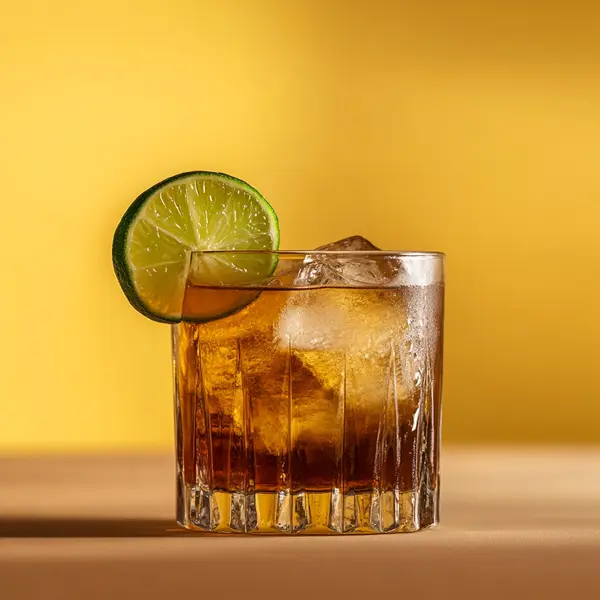 A photo of the Dark and Stormy Limeade cocktail containing Goslings Black Seal Dark Rum, Wray & Nephew White Overproof Rum, John D. Taylor's Velvet Falernum, Freshly squeezed lime juice in a Old-Fashioned.