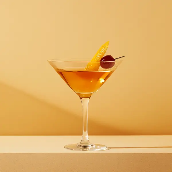 A photo of the Grand Manhattan cocktail containing Grand Marnier, Savage & Cooke Cask Finished Bourbon, Martini & Rossi Rosso Sweet Vermouth, Noilly Prat Dry Vermouth, Angostura Aromatic Bitters in a Martini.
