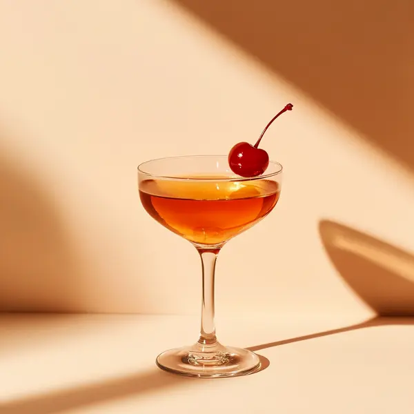A photo of the Rye Maraschino Manhattan cocktail containing Willett Family Estate Bottled 4 Year Rye, Carpano Punt E Mes Sweet Vermouth, Luxardo Maraschino Liqueur in a Coupe.