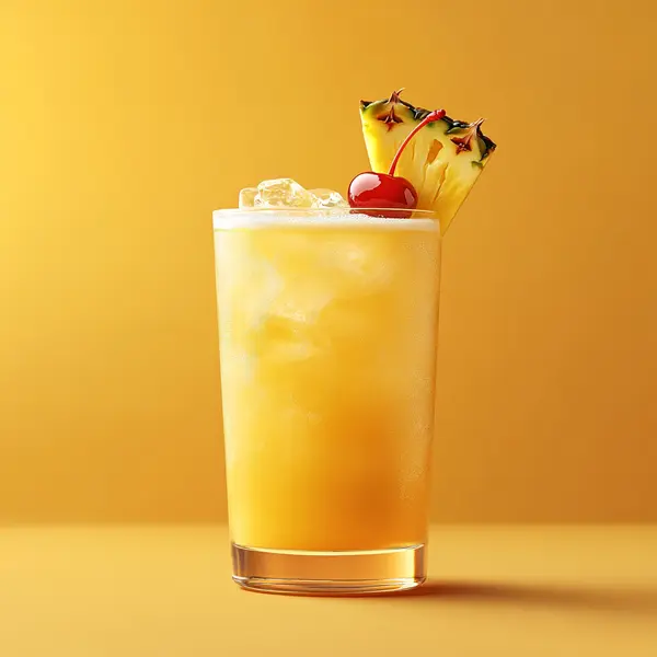 A photo of the Tropical Thunderbolt cocktail containing Wray & Nephew White Overproof Rum, Fresh pressed pineapple juice, Freshly squeezed orange juice, Liber & Co. Real Grenadine, Freshly squeezed lime juice in a Collins.