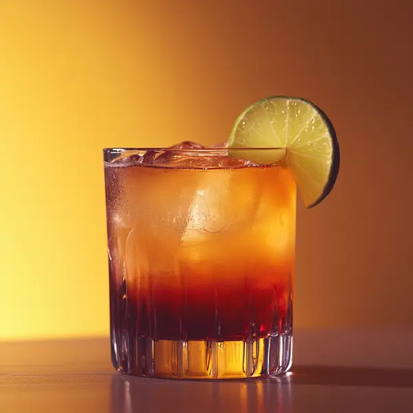A photo of the Bayou Breeze cocktail containing Grand Marnier, Southern Comfort, Cranberry juice, Freshly squeezed lime juice in a Old-Fashioned.