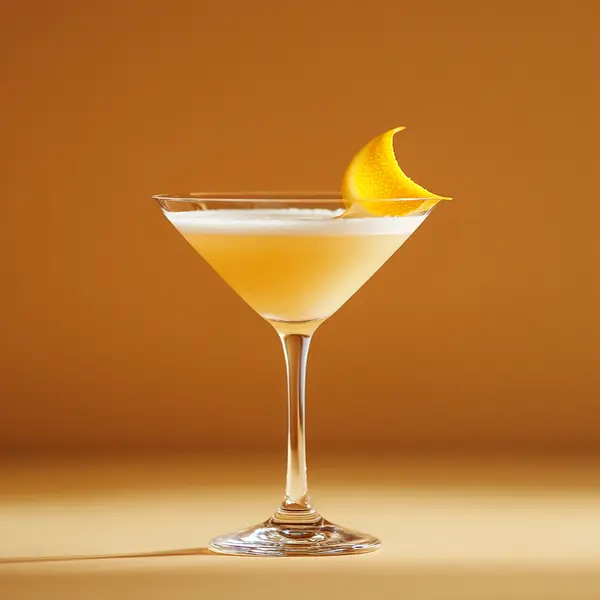 A photo of the Elderflower Zephyr cocktail containing St-Germain Elderflower Liqueur, Freshly squeezed orange juice, Freshly squeezed lime juice, Angostura Orange Bitters, Fee Brothers Fee Foam Egg White Alternative in a Martini.