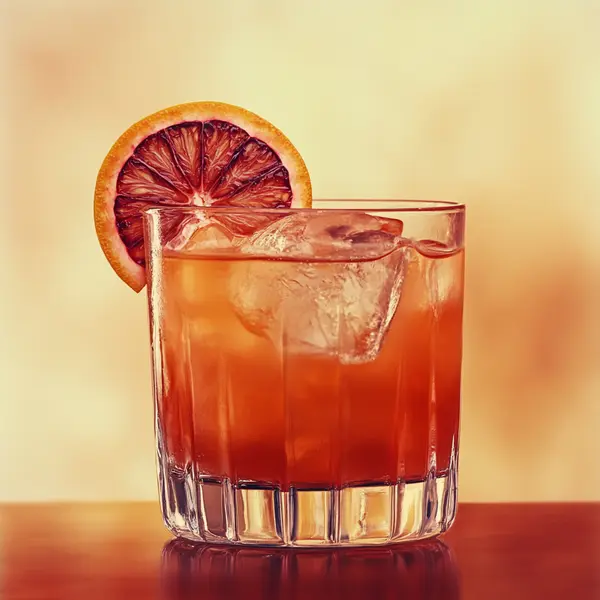A photo of the Sunny Blood Negroni cocktail containing Campari Aperitivo, Pallini Limoncello, Blood orange juice in a Old-Fashioned.