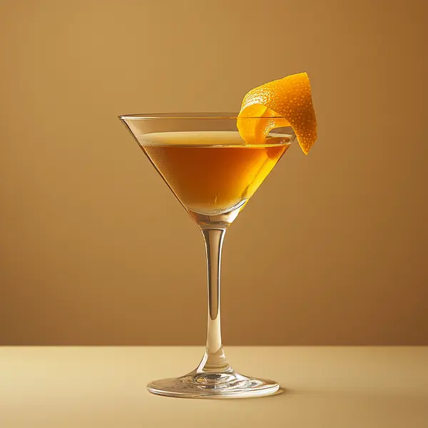 A photo of the Orange Velvet Martini cocktail containing Beefeater London Dry Gin, Martini & Rossi Rosso Sweet Vermouth, Freshly squeezed orange juice, John D. Taylor's Velvet Falernum, Angostura Orange Bitters in a Martini.