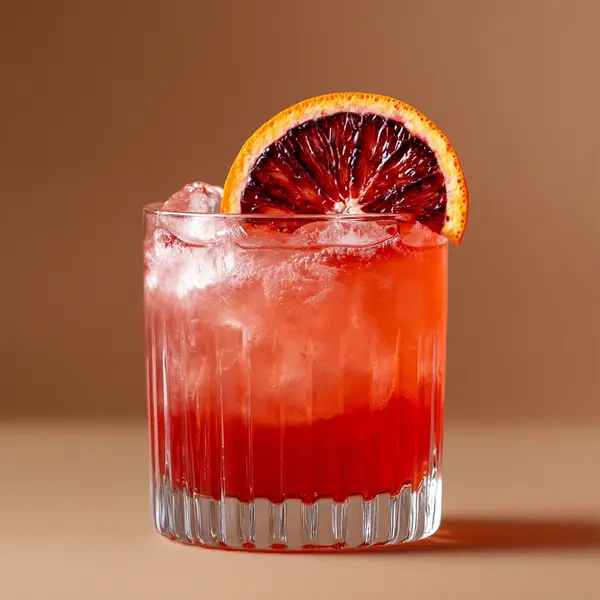 A photo of the Scarlet Snap cocktail containing Beefeater London Dry Gin, Campari Aperitivo, Blood orange juice in a Old-Fashioned.