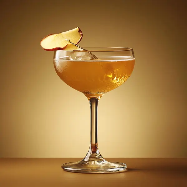 A photo of the Smoky Orchard Sipper cocktail containing Ardbeg 10 Year Islay Single Malt Scotch, Roger Groult 3 Year Reserve Pays D'Auge Calvados, Pressed apple juice, Vanilla sugar syrup, Peychaud's Bitters in a Coupe.