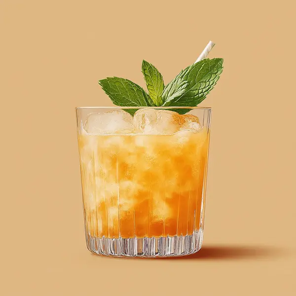 A photo of the Southern Peach Smash cocktail containing Mint leaves, Southern Comfort, Freshly squeezed lemon juice, Peach purée in a Old-Fashioned.