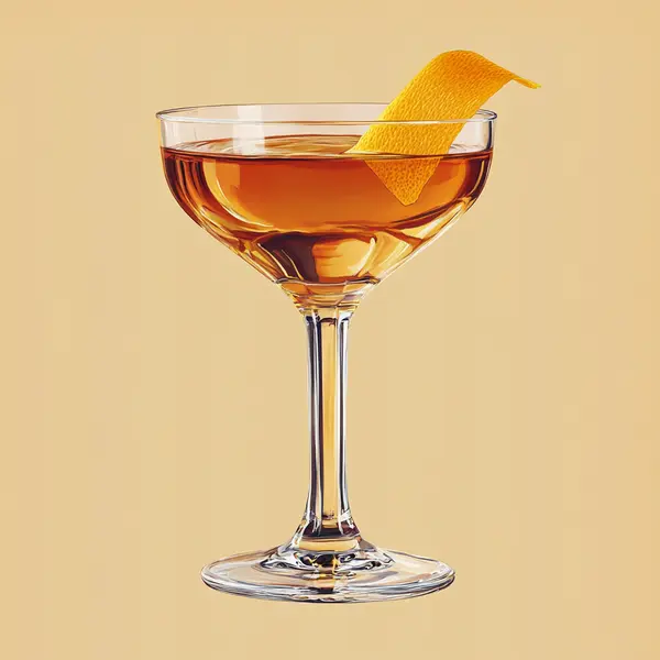 A photo of the Witching Hour Manhattan cocktail containing Strega Liquore, Fernet-Branca Amaro Liqueur, Martini & Rossi Rosso Sweet Vermouth in a Nick & Nora.