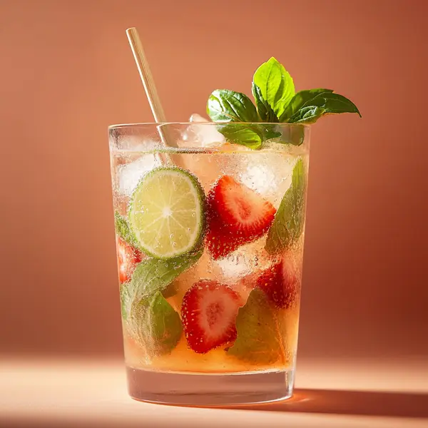 A photo of the Strawberry Basil Caipirinha cocktail containing Fresh lime (chopped wedges), Caster sugar, Small ripe strawberries (hulled), Basil leaves, Novo Fogo Chameleon Cachaça in a Highball.