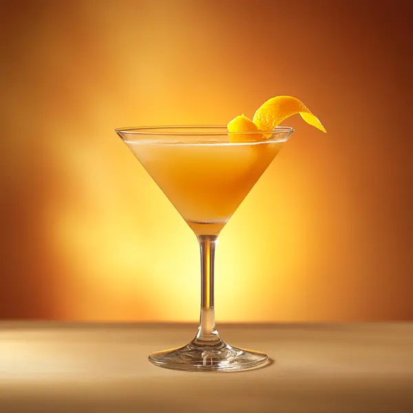 A photo of the Golden Glow Martini cocktail containing Hennessy V.S. Cognac, Grand Marnier, Freshly squeezed orange juice, Freshly squeezed lemon juice, Chilled water (reduce if wet ice) in a Martini.