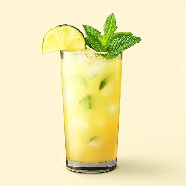 A photo of the Verdant Pineapple Fizz cocktail containing Chartreuse Green, Fresh pressed pineapple juice, Freshly squeezed lime juice in a Collins.