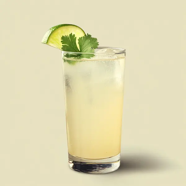 A photo of the Cilantro Lime Spritz cocktail containing Coriander (cilantro) leaves, Freshly squeezed lime juice, Giffard Orgeat Syrup, Three Cents Ginger Beer in a Collins.