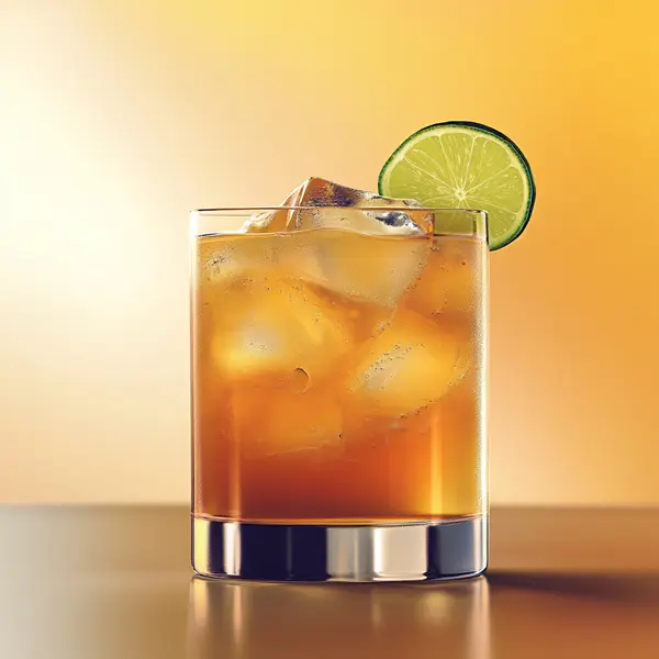 A photo of the Pineapple Dark & Stormy cocktail containing Goslings Black Seal Dark Rum, Fresh pressed pineapple juice, Angostura Orange Bitters, Three Cents Ginger Beer in a Old-Fashioned.