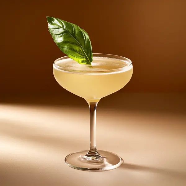 A photo of the Basil Haven cocktail containing Planteray 3 Stars White Rum, Pernod Absinthe, Luxardo Maraschino Liqueur, Freshly squeezed lime juice, Caster sugar, Basil leaves in a Coupe.