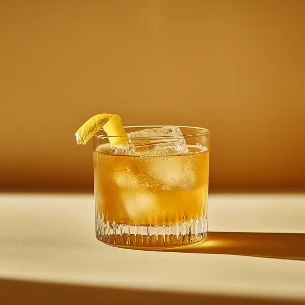 A photo of the Golden Frontier cocktail containing Savage & Cooke Cask Finished Bourbon, Suze Aperitif, Amaro Nonino Quintessentia, Licor 43 Spanish Liqueur, Freshly squeezed lemon juice in a Old-Fashioned.