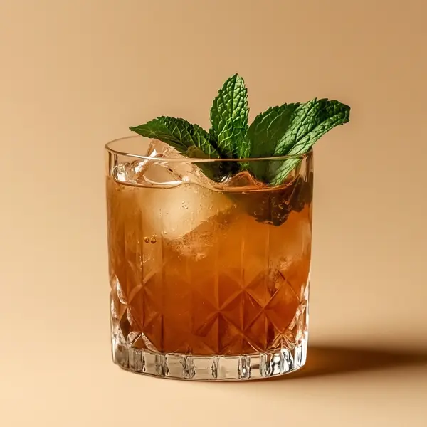 A photo of the Mulberry Pimm's Twist cocktail containing Beefeater London Dry Gin, Mulberry jam, Mint leaves, Pimm's No 1 Cup, Freshly squeezed lemon juice, Elderflower pressé in a Old-Fashioned.