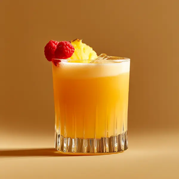 A photo of the Tropical Transcender cocktail containing Pineapple (fresh), Hennessy V.S. Cognac, Appleton Estate 8 Year Old Reserve Rum, Grand Marnier, Luxardo Maraschino Liqueur, Freshly squeezed orange juice, Graham's 10 Year Old Aged Tawny Port in a Collins.