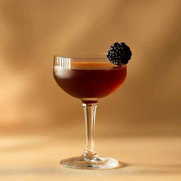 A photo of the Blackberry Boulevardier cocktail containing Savage & Cooke Cask Finished Bourbon, Willett Family Estate Bottled 4 Year Rye, Carpano Punt E Mes Sweet Vermouth, Martini & Rossi Rosso Sweet Vermouth, Combier Crème de Mûre Blackberry Liqueur, Angostura Aromatic Bitters, Angostura Orange Bitters in a Coupe.