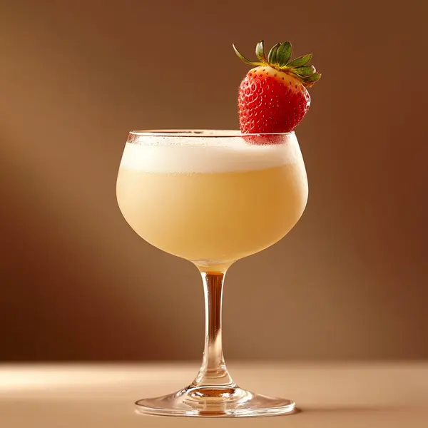 A photo of the Strawberry Sunbeam cocktail containing Appleton Estate 8 Year Old Reserve Rum, Planteray 3 Stars White Rum, Strawberry puree, Freshly squeezed lemon juice, AquaRiva Organic Agave Syrup, Coconut oil in a Nick & Nora.