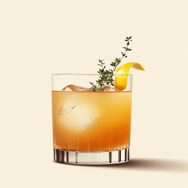 A photo of the Maple Thyme Smash cocktail containing Thyme sprig, Savage & Cooke Cask Finished Bourbon, Maple syrup, Freshly squeezed lemon juice in a Old-Fashioned.