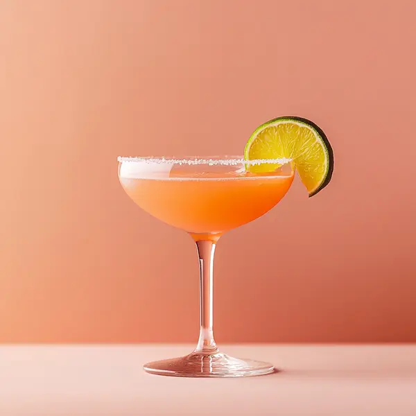 A photo of the Tequila Sunrise Royale cocktail containing Milagro Reposado Tequila, Giffard Triple Sec, Chambord Liqueur, Rose's lime cordial, Freshly squeezed lime juice, Freshly squeezed orange juice, Freshly squeezed pink grapefruit juice in a Coupe.