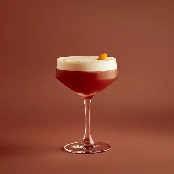 A photo of the Bourbon Blossom cocktail containing Savage & Cooke Cask Finished Bourbon, Giffard Triple Sec, Freshly squeezed lime juice, Giffard Orgeat Syrup, Liber & Co. Real Grenadine, Fee Brothers Fee Foam Egg White Alternative in a Martini.