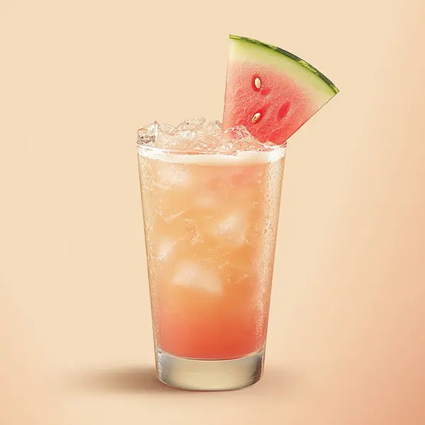 A photo of the Watermelon Samba Splash cocktail containing Fresh watermelon, Novo Fogo Chameleon Cachaça, Evaporated milk (sweetened), AquaRiva Organic Agave Syrup, Coconut water in a Collins.