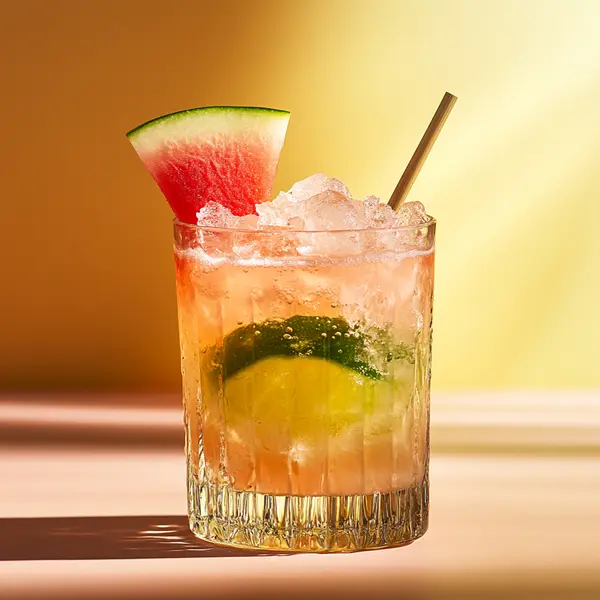 A photo of the Watermelon Samba cocktail containing Fresh lime (chopped wedges), Caster sugar, Fresh watermelon, Novo Fogo Chameleon Cachaça in a Highball.