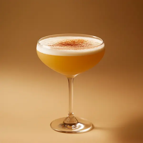 A photo of the Calva-Cinnamon Fizz cocktail containing Roger Groult 3 Year Reserve Pays D'Auge Calvados, Licor 43 Spanish Liqueur, Fee Brothers Fee Foam Egg White Alternative, Angostura Aromatic Bitters in a Martini.