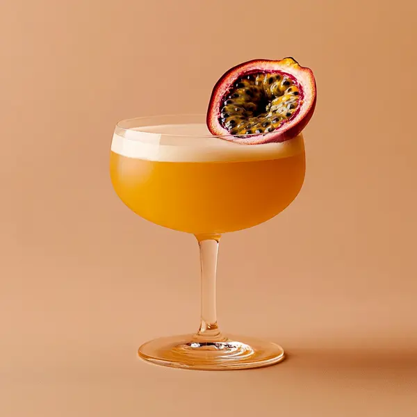 A photo of the Passion Royale cocktail containing Passion fruit (fresh fruit), Hennessy V.S. Cognac, Roger Groult 3 Year Reserve Pays D'Auge Calvados, Luxardo Maraschino Liqueur, Freshly squeezed pink grapefruit juice, Freshly squeezed lemon juice, Liber & Co. Real Grenadine, Peychaud's Bitters in a Coupe.