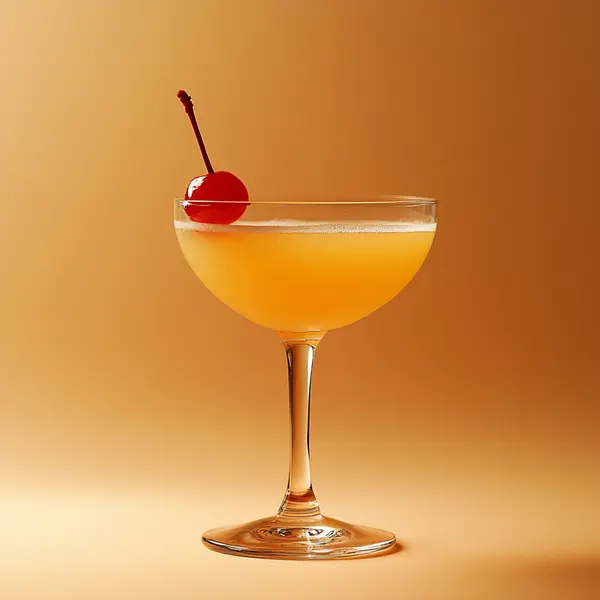 A photo of the Gilded Grove cocktail containing Flor de Caña 4 Year Old Añejo Oro Rum, Strega Liquore, Giffard Orgeat Syrup, Freshly squeezed lemon juice, Freshly squeezed orange juice in a Coupe.