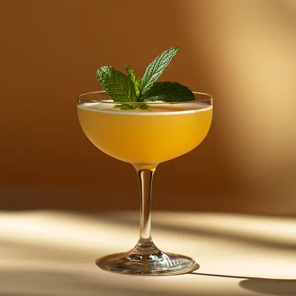 A photo of the Tequila Herb Garden cocktail containing Mint leaves, Milagro Reposado Tequila, Chartreuse Yellow, Suze Aperitif, Freshly squeezed lemon juice in a Nick & Nora.