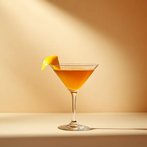 A photo of the Aprico-tini cocktail containing Flor de Caña 4 Year Old Añejo Oro Rum, Giffard Abricot Du Roussillon, Martini & Rossi Rosso Sweet Vermouth in a Martini.