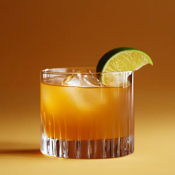 A photo of the Tropical Eclipse cocktail containing Goslings Black Seal Dark Rum, Giffard Abricot Du Roussillon, Grand Marnier, Giffard Orgeat Syrup, Freshly squeezed orange juice, Freshly squeezed lime juice in a Old-Fashioned.
