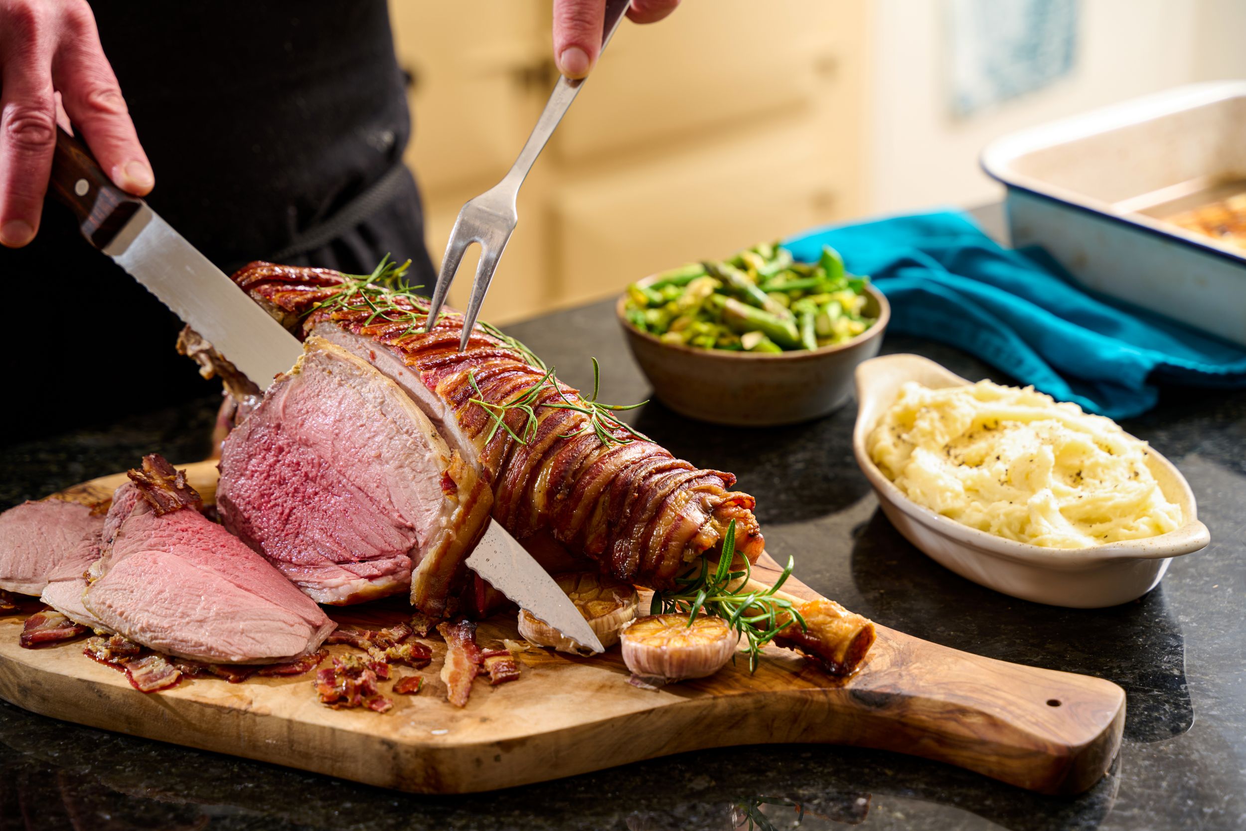 Streaky Bacon – Wrapped Leg of Lamb with Honey & Mustard Glaze