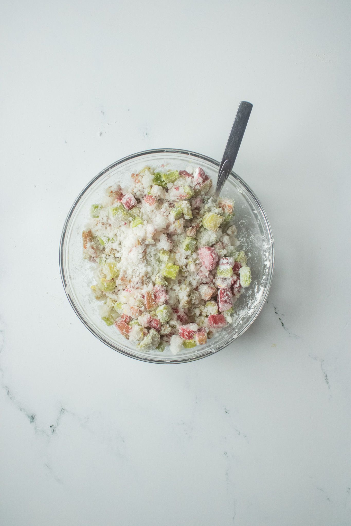 Image of Dice your fresh rhubarb and add 1 ½ c sugar...