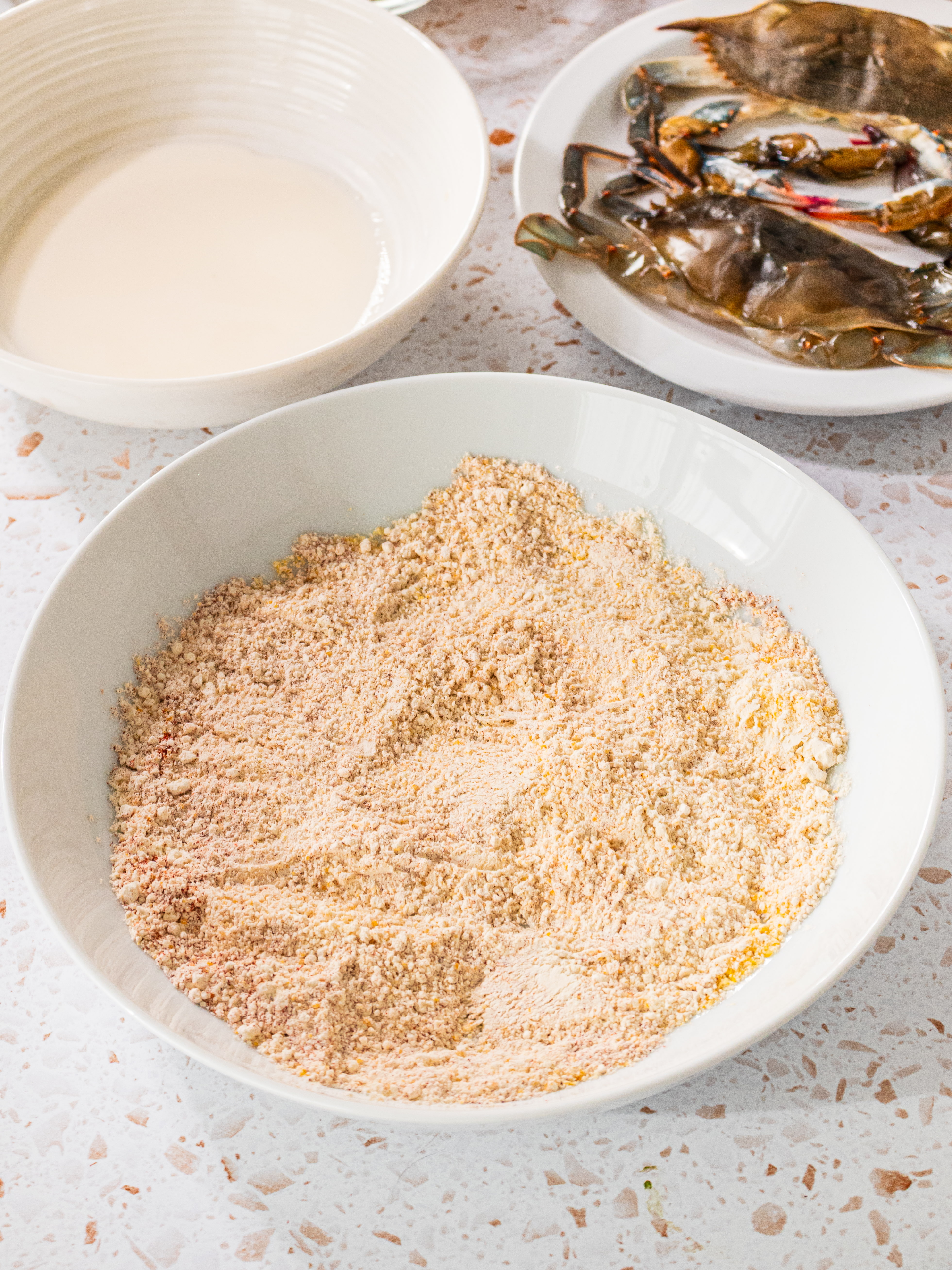 Image of Blot excess moisture from crab with paper towels. Add buttermilk...