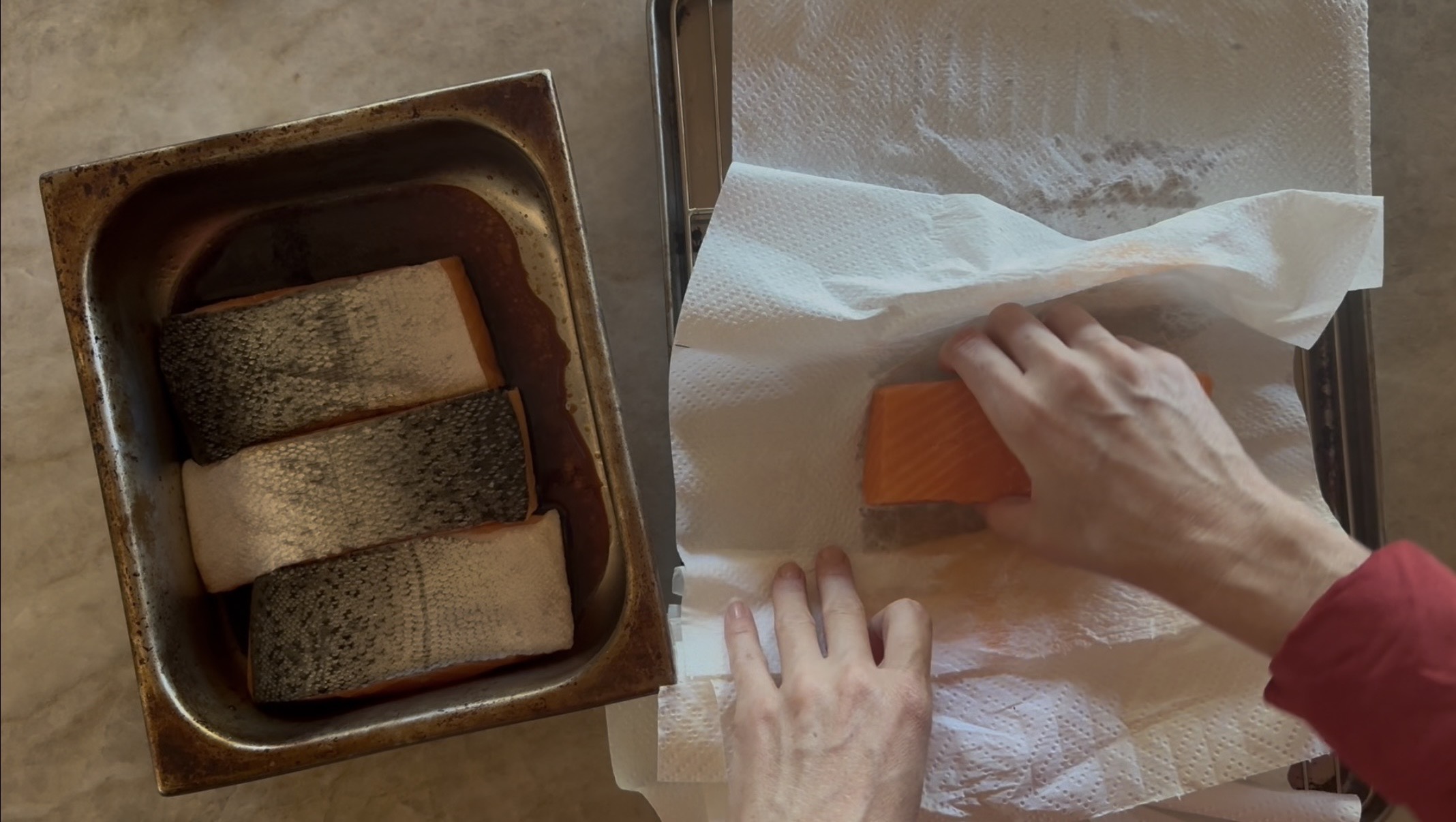 Image of Defrost the salmon overnight in the fridge, wrapped in paper...
