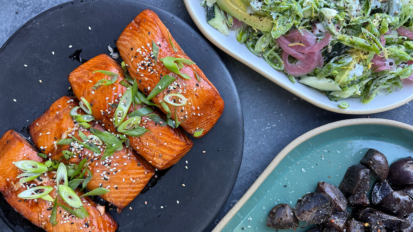 Image of Remove salmon and rest for 5 minutes. Finish with green...