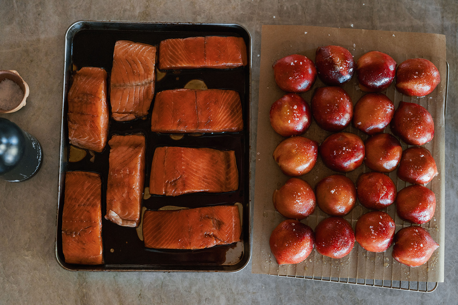 Image of Prepare Salmon and Peaches - Preheat grill to 375°F. Marinate...