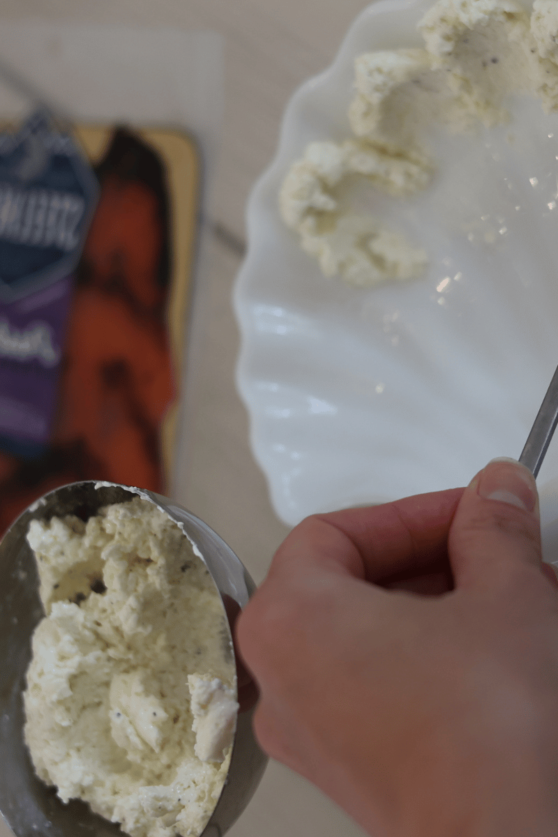 Image of Add generous dollops of whipped cream cheese to shallow serving...